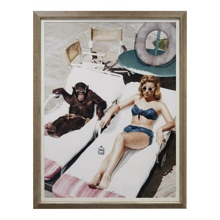 1990s Large 30x40 Hollywood Regency "Sunbathing With Chimpanzee" Framed Print by Mindthegap For Sale