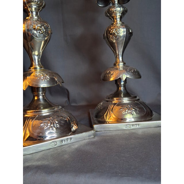 Antique Polish Judaica Silver Plated Shabbat Candlesticks Chaim Grun Warsaw 12" For Sale - Image 4 of 18
