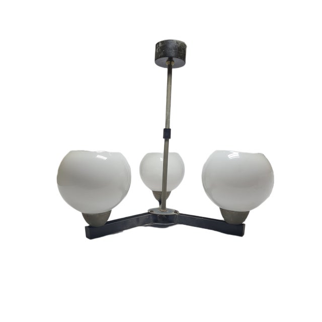 Vintage Pendant Light in Brass and Glass, Poland, 1970s For Sale - Image 3 of 9