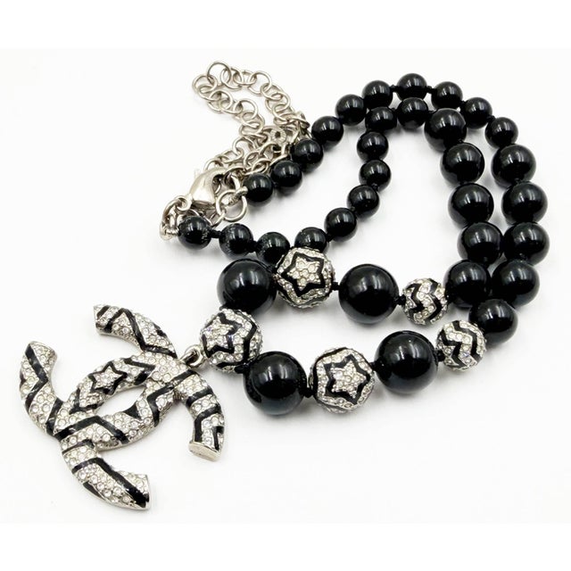 Chanel Silver CC Star Crystal Black Bead Necklace * Marked 23 * Made in France -It is approximately 13.5" to 19". -The...