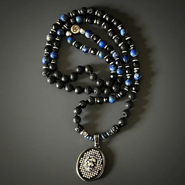Powerful Silver Black Lion Men Beaded Necklace For Sale - Image 12 of 14
