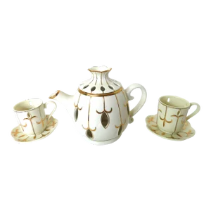 Cream and Gold Leaf Tealight Candleholder Teapot and Cup and Saucer Votive Set
