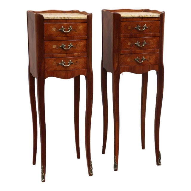 Pair of French Antique Narrow Rosewood Inlaid Side Tables Nightstands For Sale