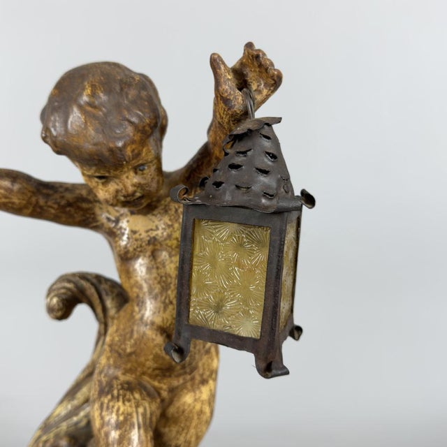 Brown Antique Terracotta Cherub Table Lamp with Wooden Base, Early 1900s For Sale - Image 8 of 18