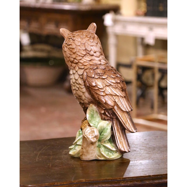 Ceramic Mid 20th Century Mid-Century Italian Hand Painted Glazed Ceramic Owl Sculpture With Foliage Base For Sale - Image 7 of 9