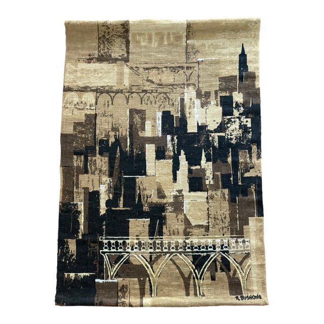 Robert Bushong Tom Tru MCM Linen City Skyline Wall Hanging 40" X 57" For Sale