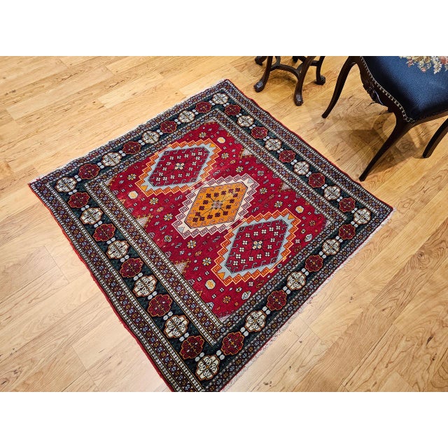 Vintage Persian Tribal Square Rug, Hand-Knotted Wool, Geometric Medallions Pattern, 4x4, Red & Blue For Sale - Image 14 of 15
