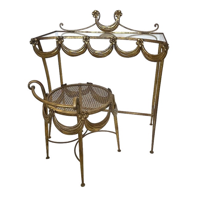 Vintage 1930's Italian Hollywood Regency Floral and Swag Vanity With Stool For Sale