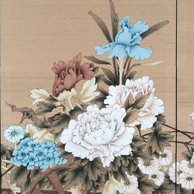 Gold Hong Kong 4-Panel Byobu Overflowing Flower Cart Hand Painted & Hand Signed Silk Folding Divider Screen Early to Mid 20th Century For Sale - Image 8 of 12