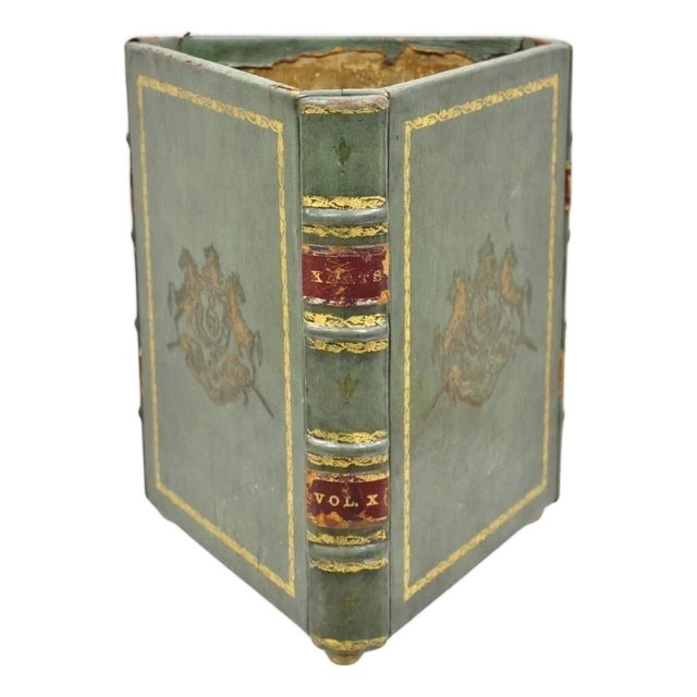 Vintage Italian Regency Green Leather Triangular Book Form Wastebasket Trash Can For Sale