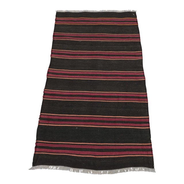 1980s Tribal Black Striped Kilim Small Rug For Sale