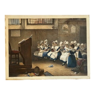 Emile Desmaisons (1812–1880) "School Girls" Original Antique French Color Lithograph c.1869 For Sale