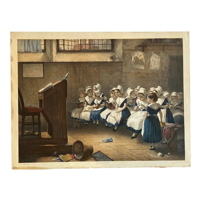 Emile Desmaisons (1812–1880) "School Girls" Original Antique French Color Lithograph c.1869 For Sale