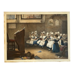 Emile Desmaisons (1812–1880) "School Girls" Original Antique French Color Lithograph c.1869