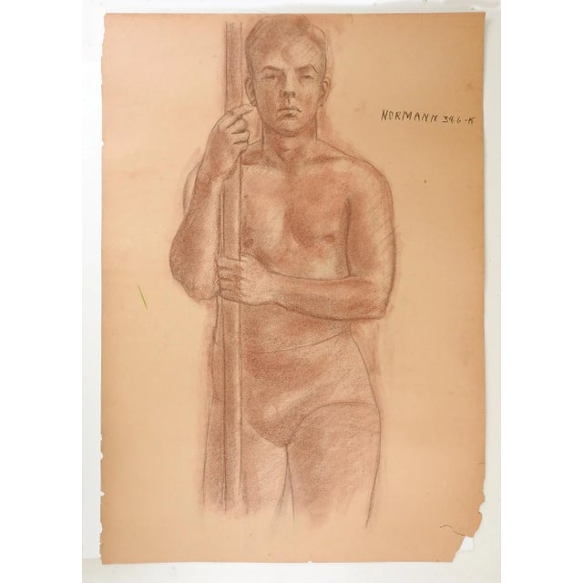 Mid-Century Modern Vintage 1950s Charles Normann Male Sepia Tone Drawing For Sale - Image 3 of 3