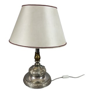 Large Silver-Plated Brass and Wood Table Lamp, 1960s For Sale