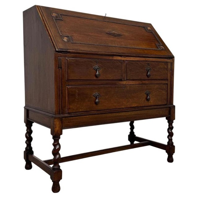 Wood Early 20th Century Antique English Jacobean Oak Bureau For Sale - Image 7 of 14