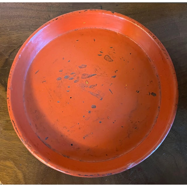 Antique 19th Century Chinese Scarlet Red Lacquer Carved Wood Footed Round Plateau Tray or Low Bowl For Sale - Image 4 of 9