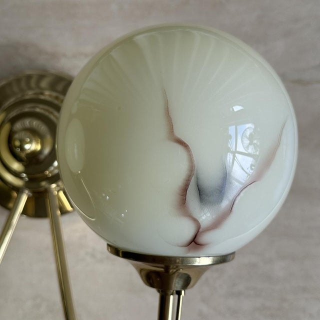 Beige Art Deco Marble Pattern Opaline Glass and Brass Wall Lamp, 1930s For Sale - Image 8 of 18