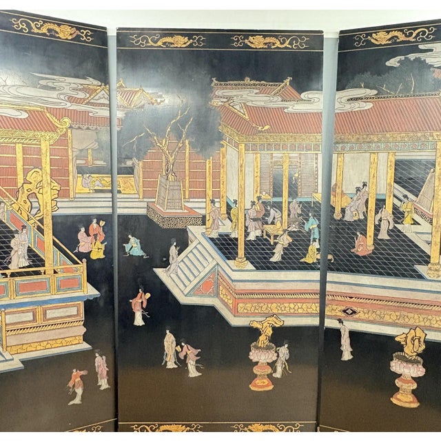 Grand Chinoiserie Palace Scene: 3-Panel Lacquer Screen by Maitland-Smith - A Monumental Work of Hand-Incised Coromandel-...
