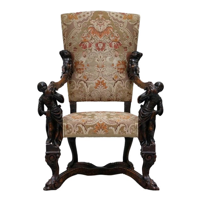 Museum Quality Valentino Panciera Besarel 19th Century Italian Walnut Cherub Carved Armchair – Throne Chair For Sale