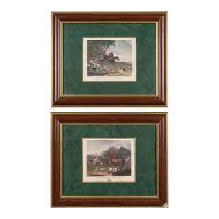 Bald Equestrian Riders! Pair of Vintage R. B. Davis Framed Fox Hunt Prints – Gold‑Edged Mats - Ralph Lauren Style, Traditional & English Country For Sale