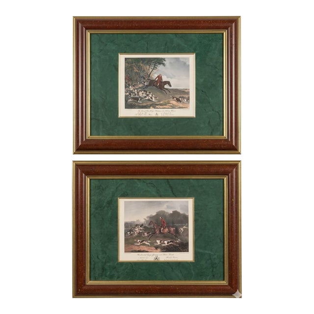 Bald Equestrian Riders! Pair of Vintage R. B. Davis Framed Fox Hunt Prints – Gold‑Edged Mats - Ralph Lauren Style, Traditional & English Country For Sale