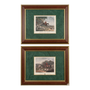 Bald Equestrian Riders! Pair of Vintage R. B. Davis Framed Fox Hunt Prints – Gold‑Edged Mats - Ralph Lauren Style, Traditional & English Country