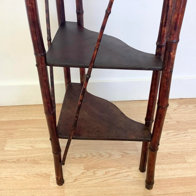 Burnt Umber 1960s British Colonial Ball and Stick Scorched Bamboo Corner Etagere in Burnt Mahogany. For Sale - Image 8 of 12