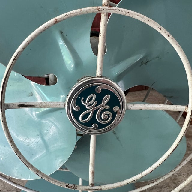 Mid-Century Modern Vintage General Electric 1950s Aqua Blue Metal Oscillating Desk Fan - 10" Blades 14" Tall For Sale - Image 3 of 14