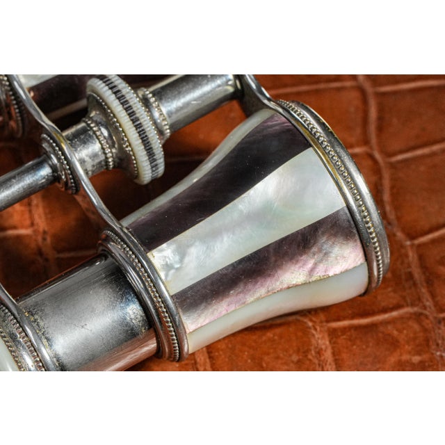 Beautiful Chrome Striped Purple and White Mother of Pearl Antique Victorian Opera Glasses With Leather Case For Sale - Image 11 of 16
