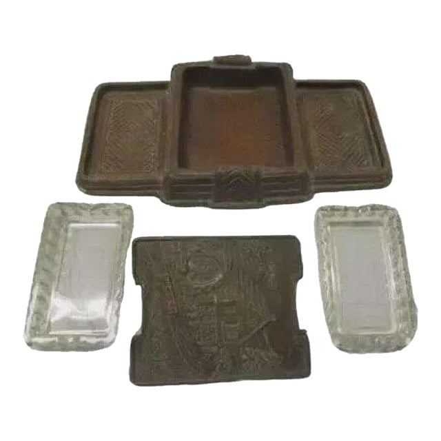 Vintage 1950's Art Deco Glass Desktop Ashtray With Wood Composite Card Holder For Sale