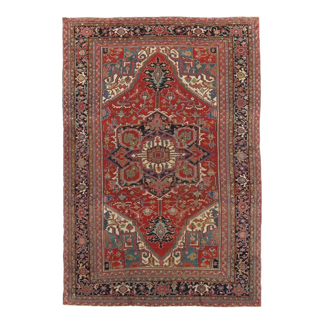 Antique Persian Heriz Handmade Wool Oriental Red, Navy & Light Blue Rug For Sale