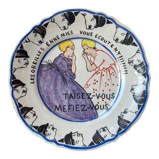 Antique 1917 Hr Quimper Assiettes Du Cercle Du Soldat/Circle of the Soldier of the 6th Arrt Faience Plate, Taisez-Vous, Mefiez-Vous/Be Quiet, Beware For Sale
