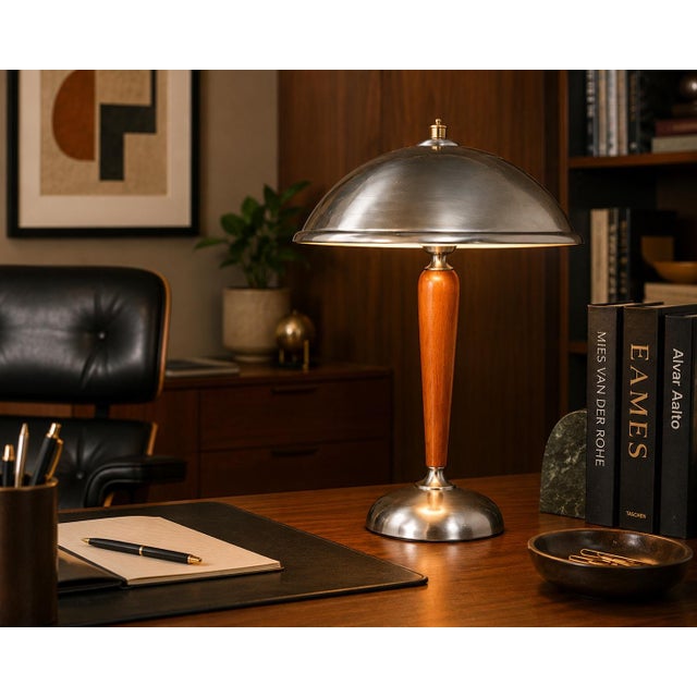 Mid-Century Modern Late 20th Century Mid-Century Modern Dual-Socket Desk Lamp With Walnut Stem & Metal Dome Shade For Sale - Image 3 of 3