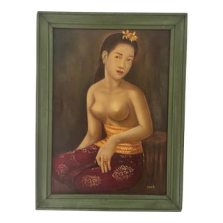 Vintage Balinese Oil Portrait of Young Woman Signed i.b. Swela, Framed For Sale