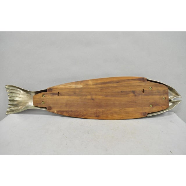 Vintage Mid Century Modern Teak Wood & Metal Fish Serving Platter Cutting Board For Sale - Image 9 of 13
