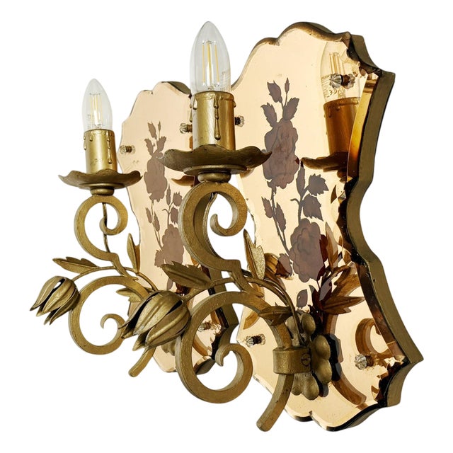 Art Deco Wall Sconces in Patinated Gold Metal and Glass, France, 1950, Set of 2 For Sale