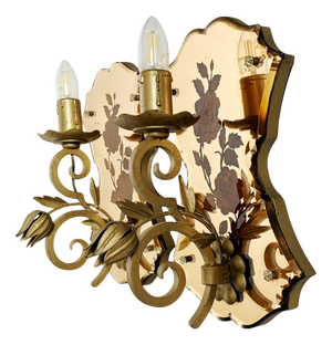 Art Deco Wall Sconces in Patinated Gold Metal and Glass, France, 1950, Set of 2