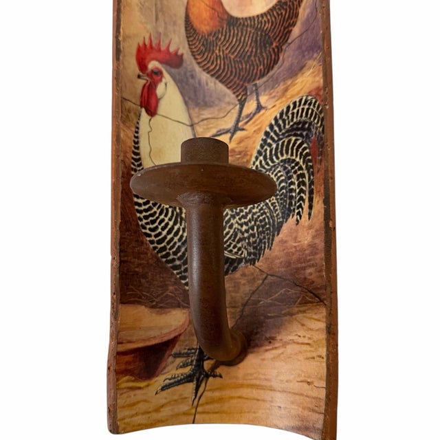 Hand Painted Chicken & Rooster French Country Terra Cotta and Iron Wall Candleholder Sconce For Sale - Image 4 of 6