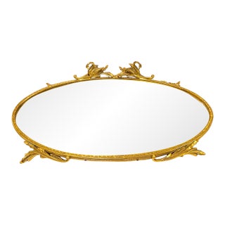 1930s French Art Deco Vanity Mirror Tray Ormolu Brass Swans Hollywood Regency For Sale