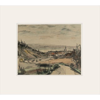 Early 1900's Vintage French Expressionist Seaside Landscape Painting in Mixed Media, Signed by Artist, 1931 With Mat For Sale