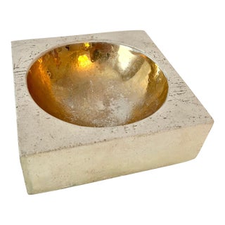 Italian Travertine Bowl with Concave Gilt Interior in the Style of Tommaso Barbi For Sale