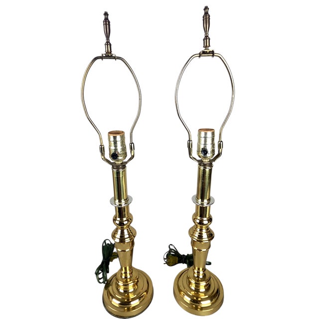 Pair of Vintage Solid Brass Candlestick Table Lamps With Knife-Pleated Shades For Sale - Image 10 of 13