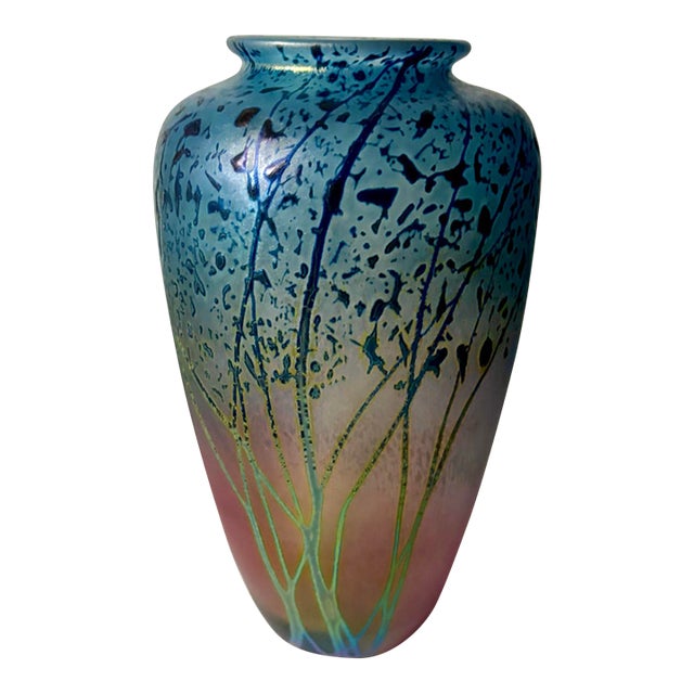 1990s Peet Robison Signed Iridescent Sunset Landscape Art Glass Vase For Sale