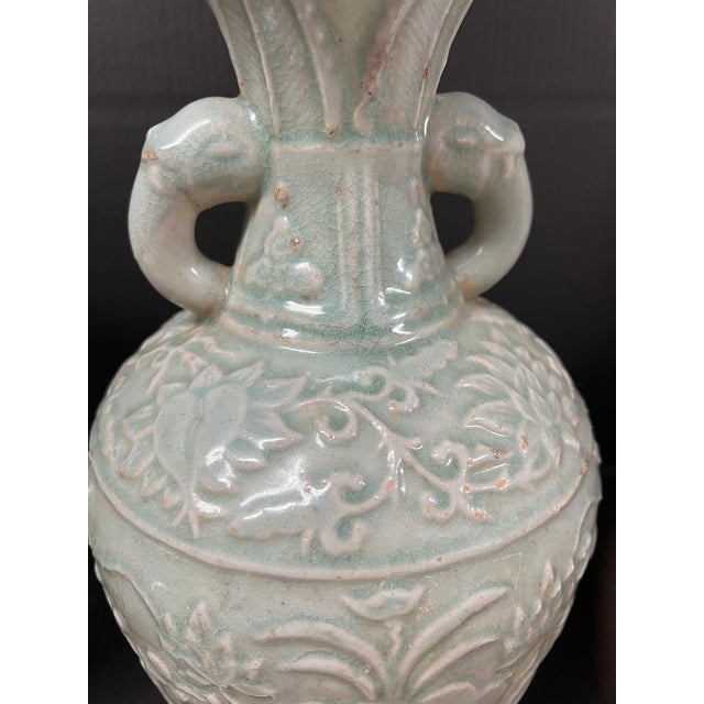 Pair of Chinese Art Celadon Porcelain Vase Raised Floral Design For Sale - Image 10 of 10