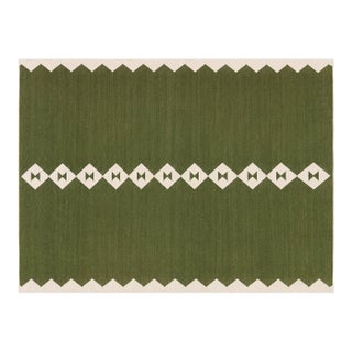 Handmade New Zealand Wool Dhurrie, Olive Green and White Diamond Rug- 10'x14' For Sale