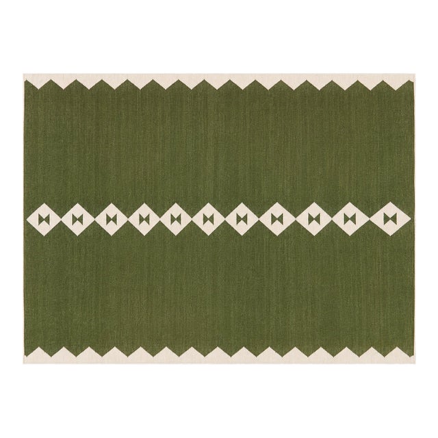 Handmade New Zealand Wool Dhurrie, Olive Green and White Diamond Rug- 10'x14' For Sale