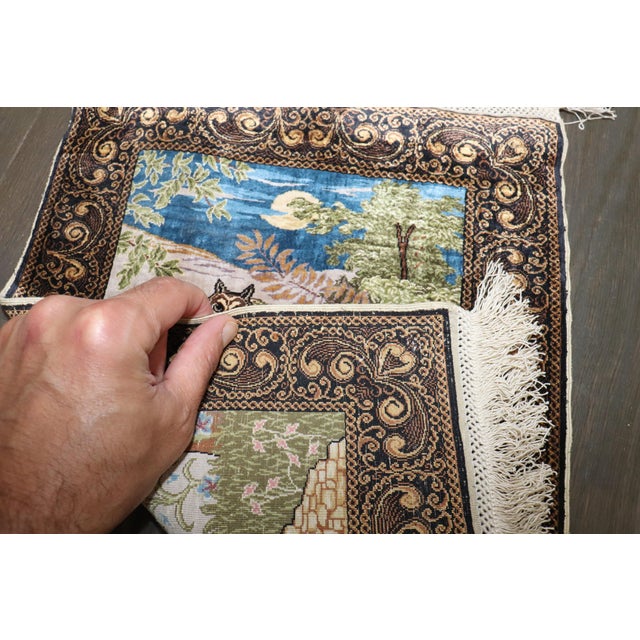 a late 20th-century Turkish Silk Rug with birds and owls on a landscape background Details rug no. j4457 size 1' 1" x 1'...