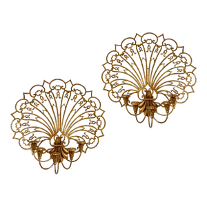 Vintage Grand Gilt Fan Wall Candle Candelabras, Pair